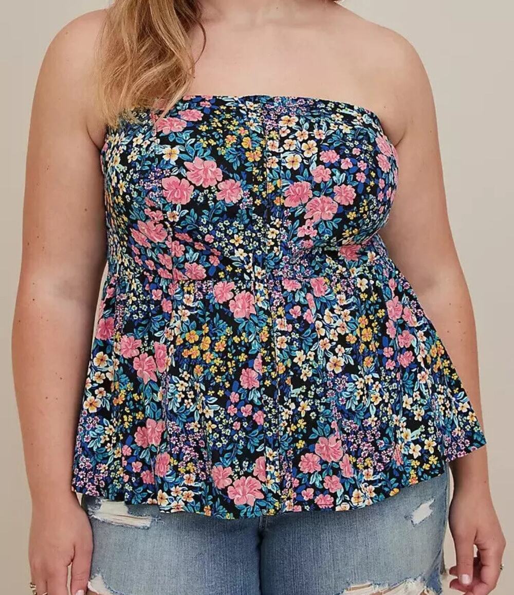 Torrid SZ 0 (Large) Challis Lace-Up Back Corset Top Floral Strapless Smocked New